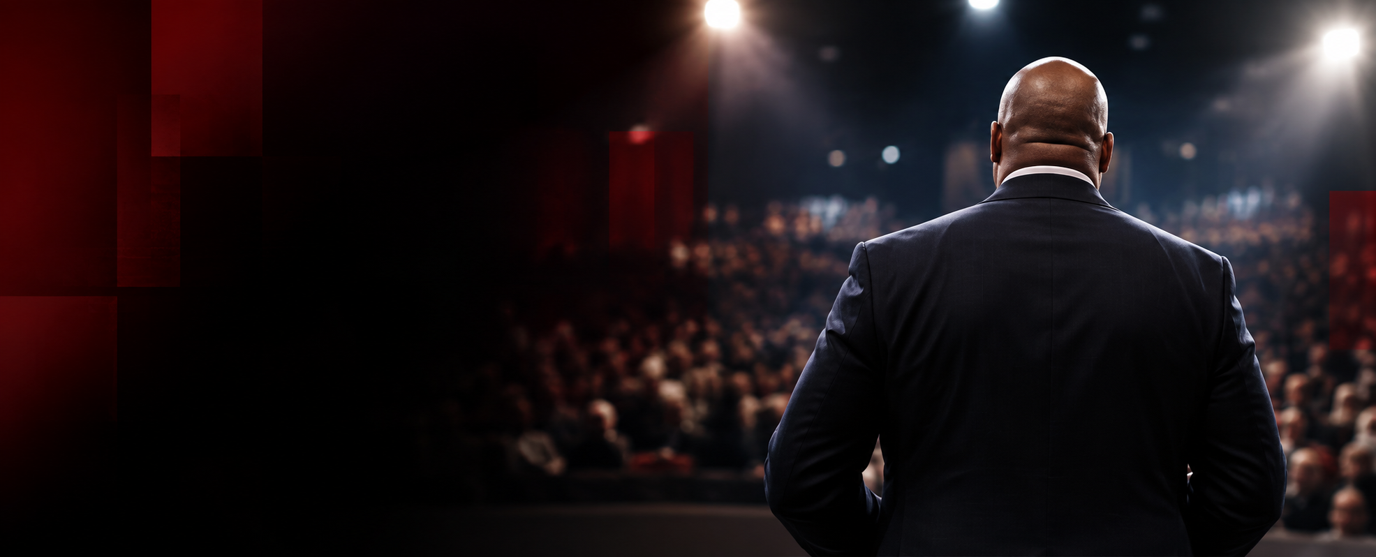 Jermaine Fletcher speaking to a live audience under stage lights