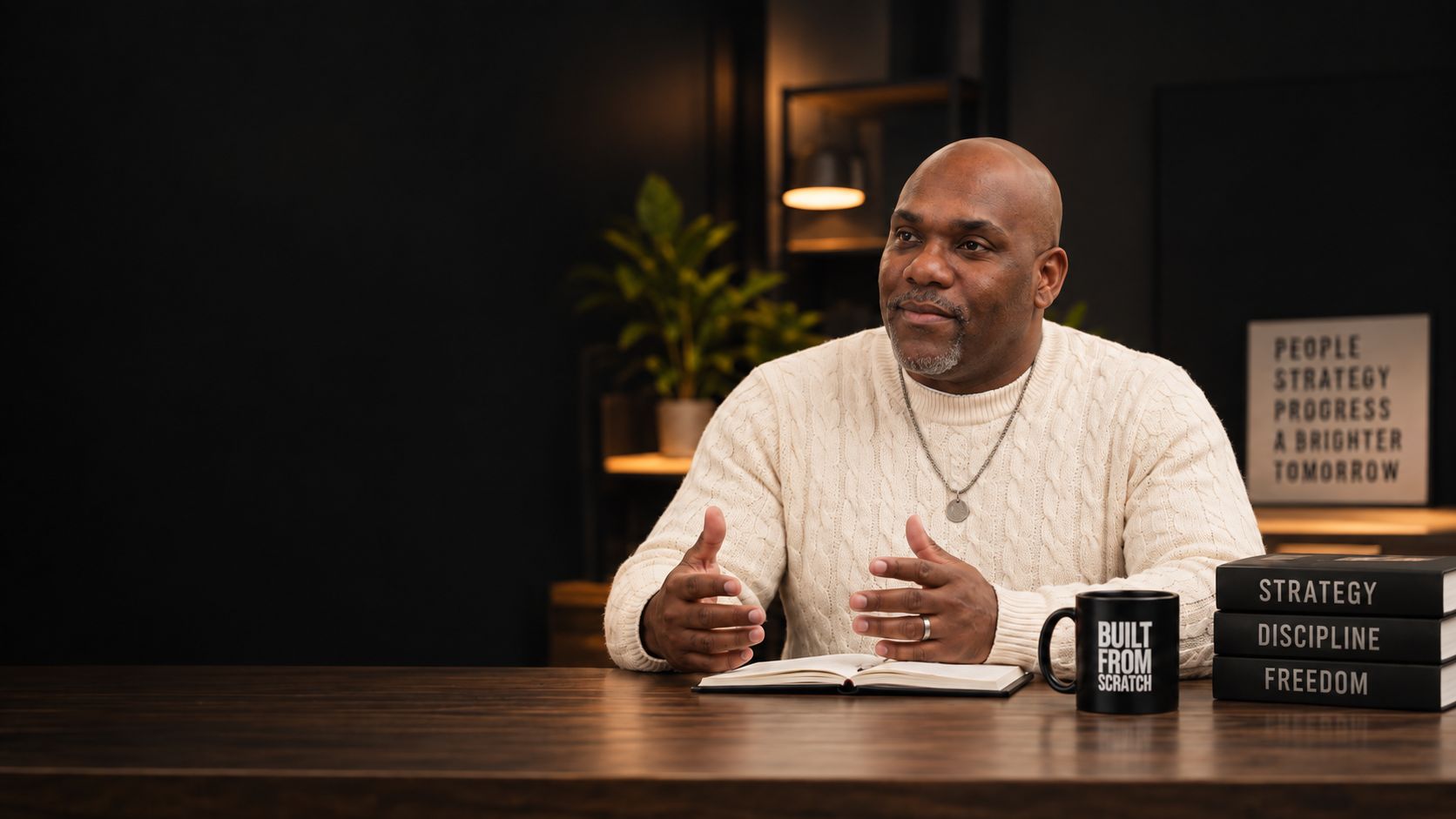 Jermaine Fletcher in a cream sweater, in conversation