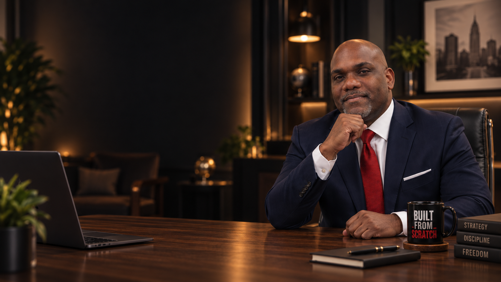 Jermaine Fletcher seated in a navy suit — high-level consulting