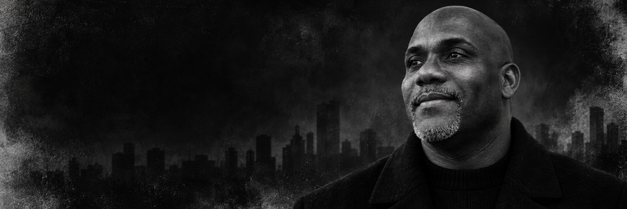Jermaine Fletcher looking toward the horizon over a city skyline