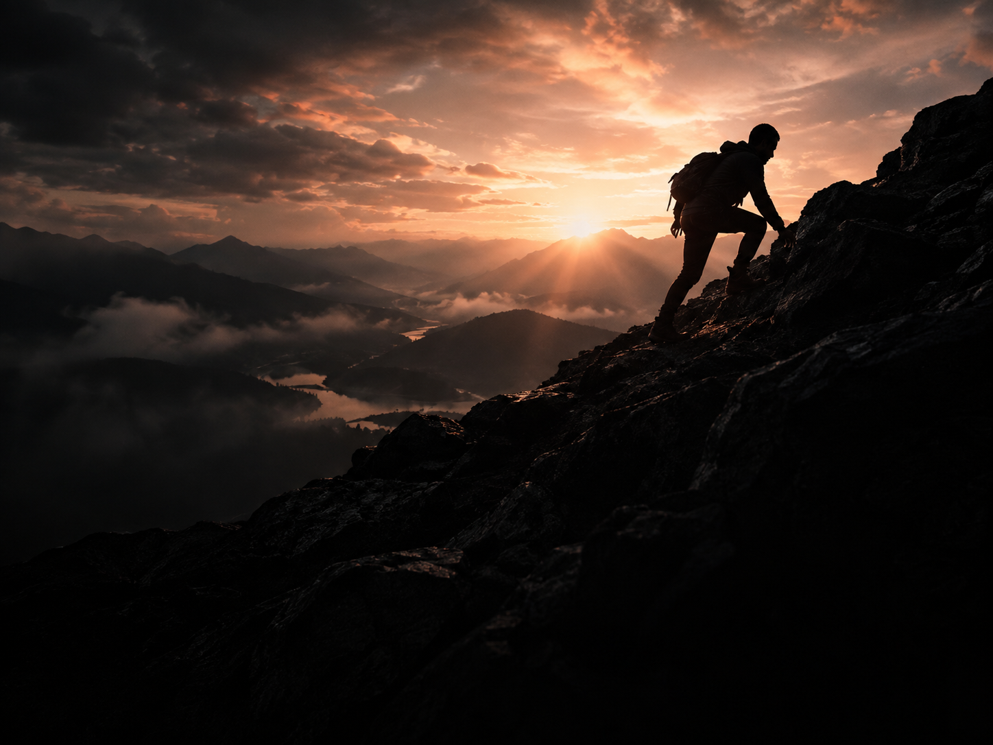A lone figure climbing toward a sunrise on a mountain ridge